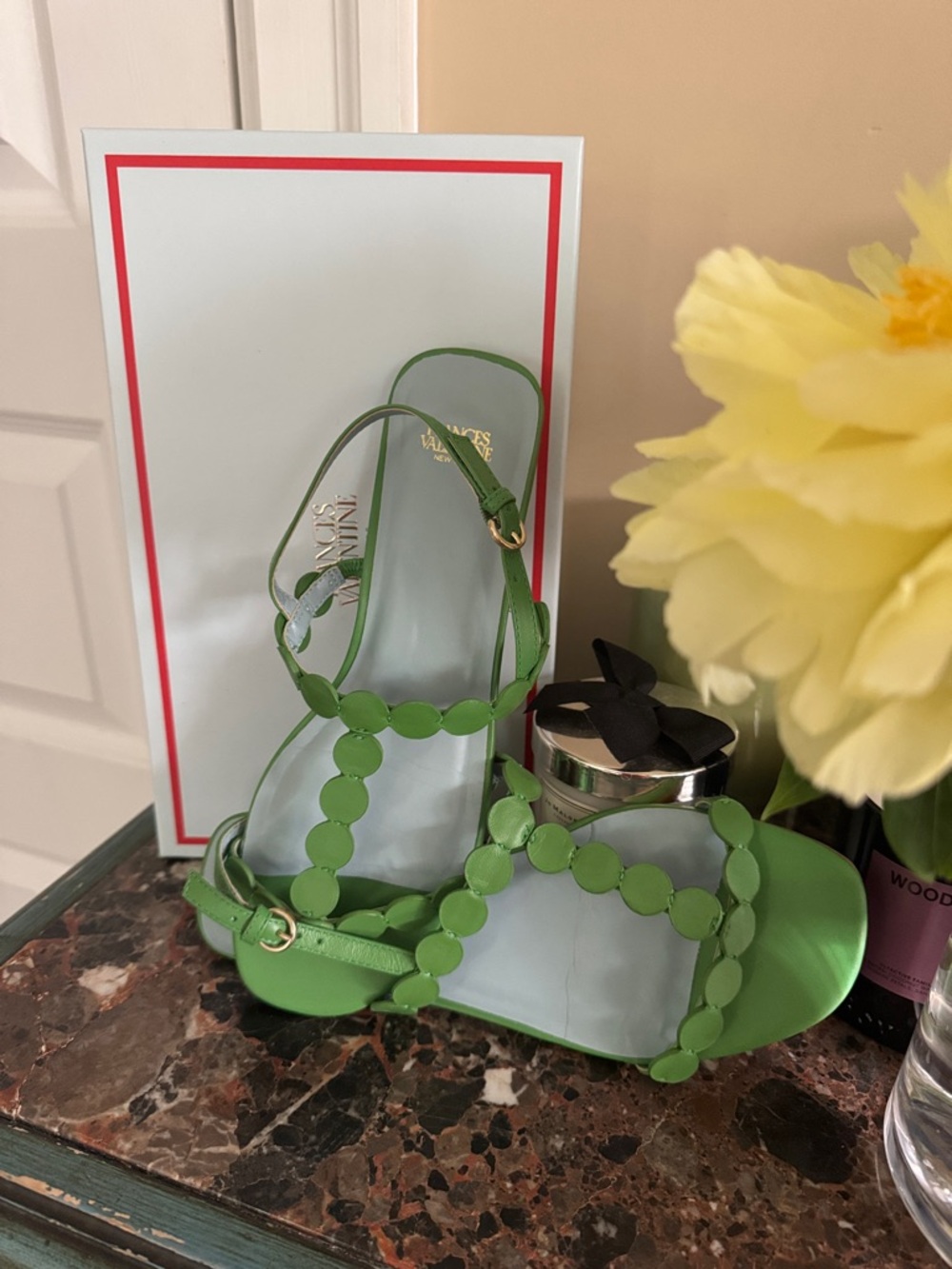 Frances Valentine Lime Green Beaded Flat Sandals.  Size 8.